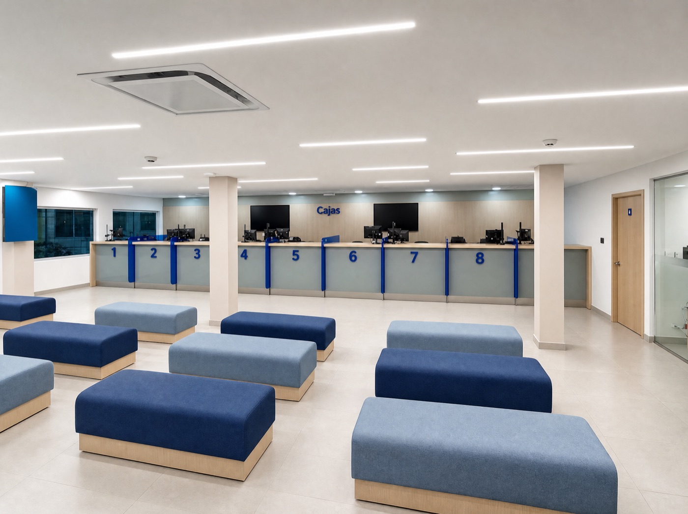 Sala de atención con mostradores en madera fabricados e instalados por Hermanos Javela